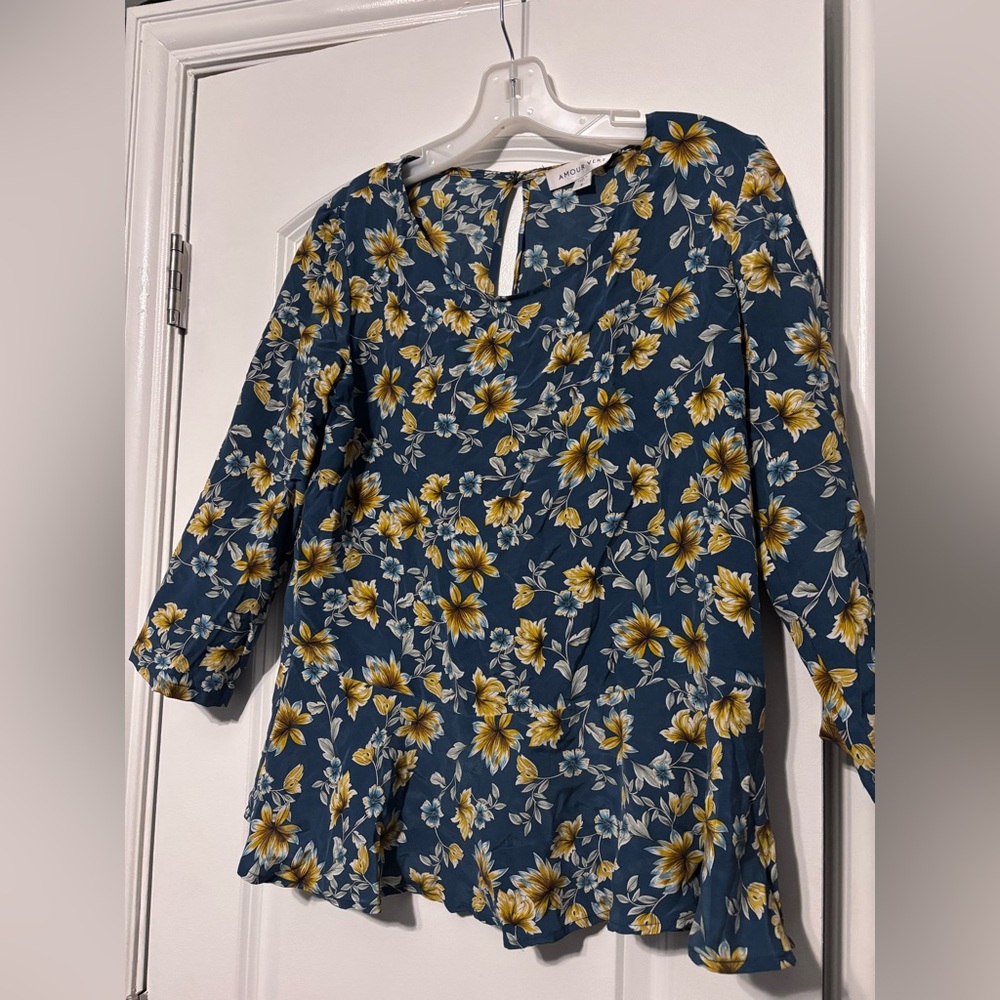 100% Silk Amour Vert Teal Tunic with Yellow Floral Print Small